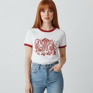 UFO Abduction Retro Style Ringer Graphic Tee Vintage Red White 70s Camp T-Shirt